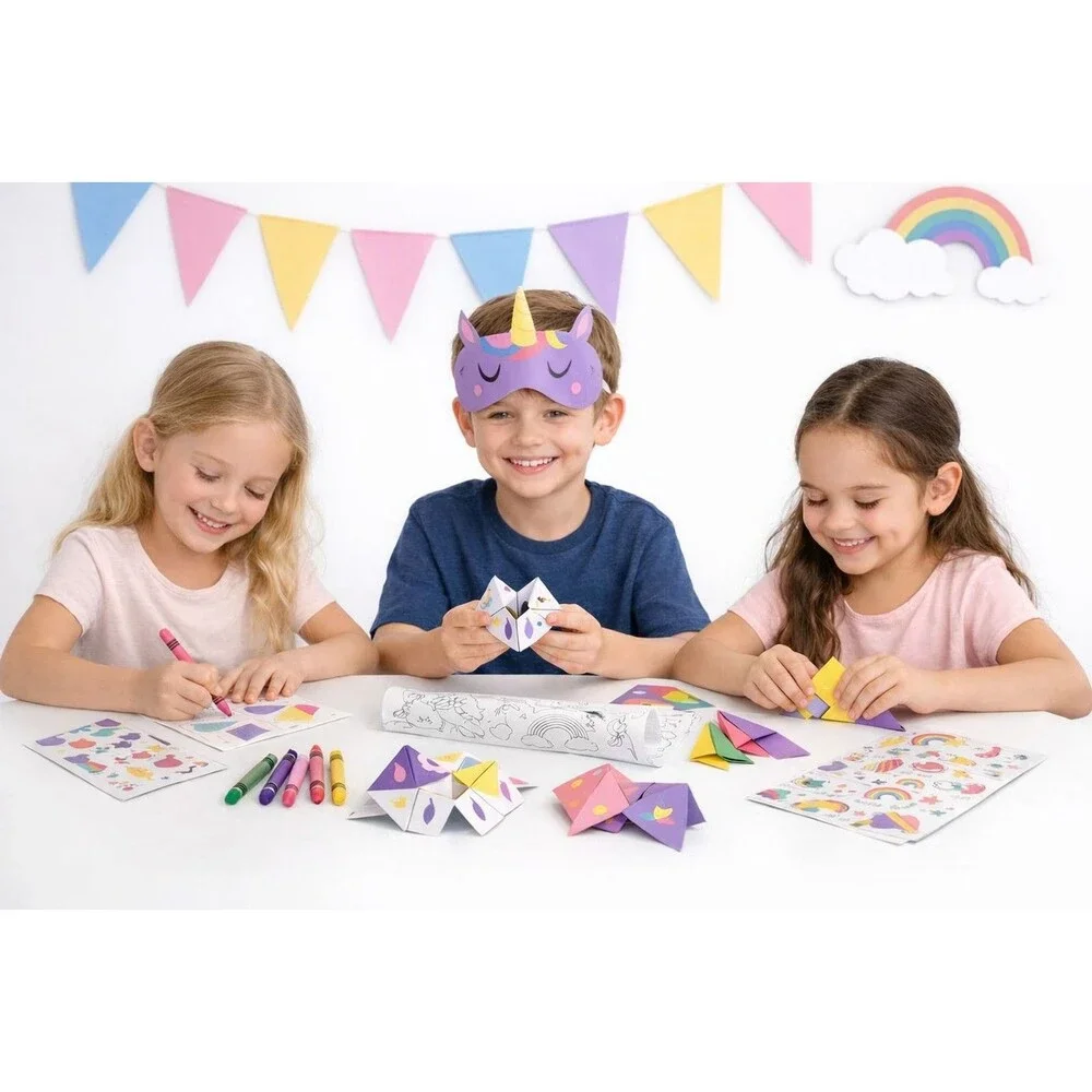 3•2•1 Party Unicorn Activity Kit for 4 Kids DIY Origami Coloring Stickers Masks